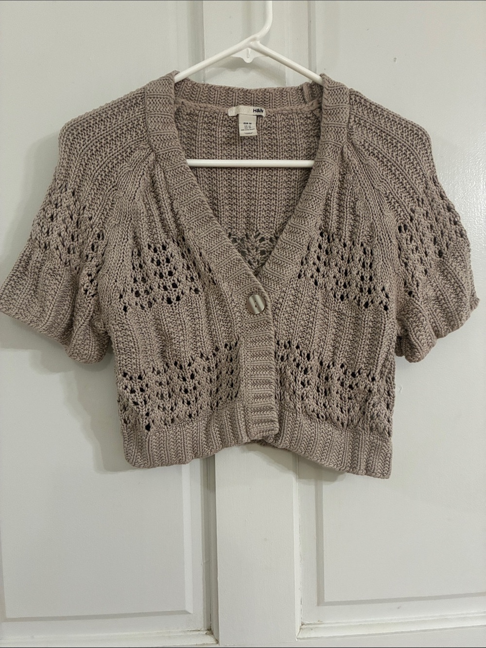 H&M Cropped Taupe Knit Short-Sleeve Cardigan